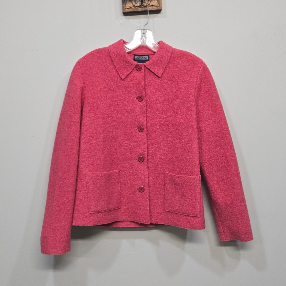 Lands End Boiled Wool Jacket Womens 8 Petite Pink Button Front Preppy Statement